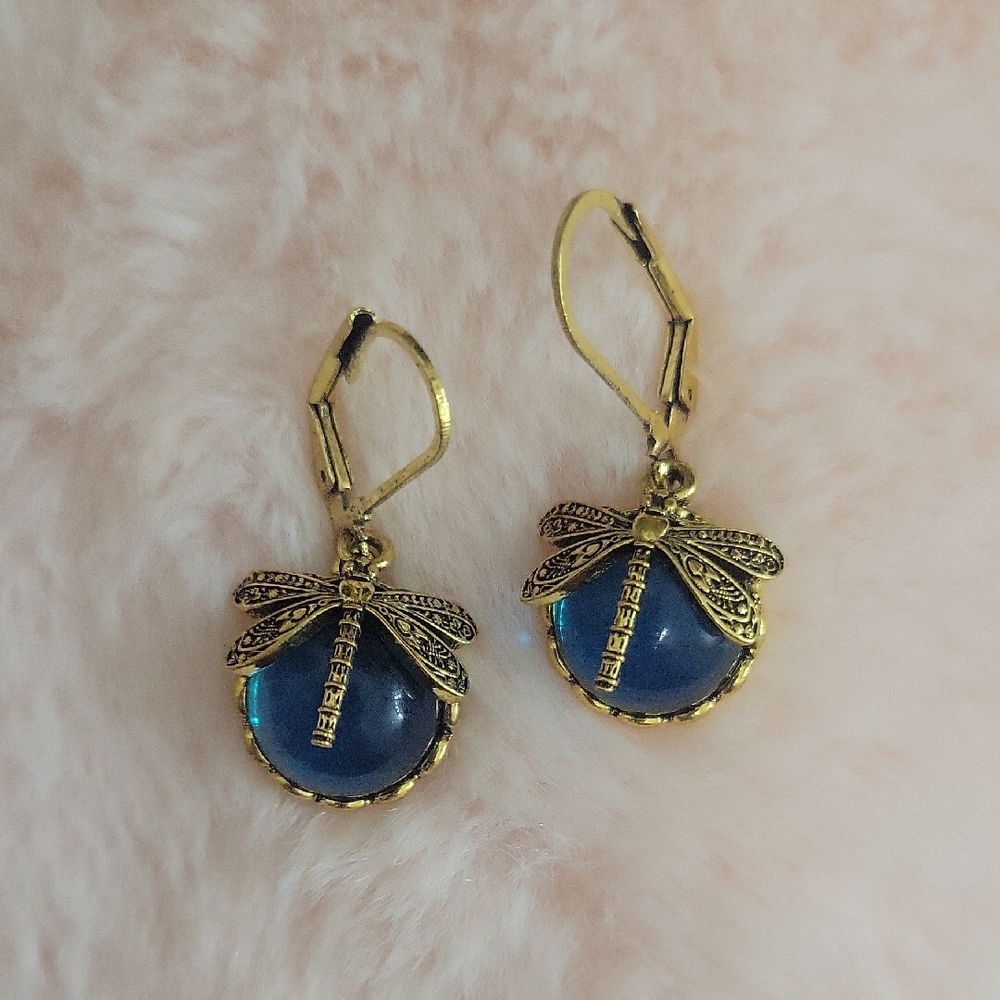 Gold and Blue Dragonfly Earrings
